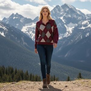 Elegant V-Neck Argyle Sweater - Burgundy and Gray 100% Cotton